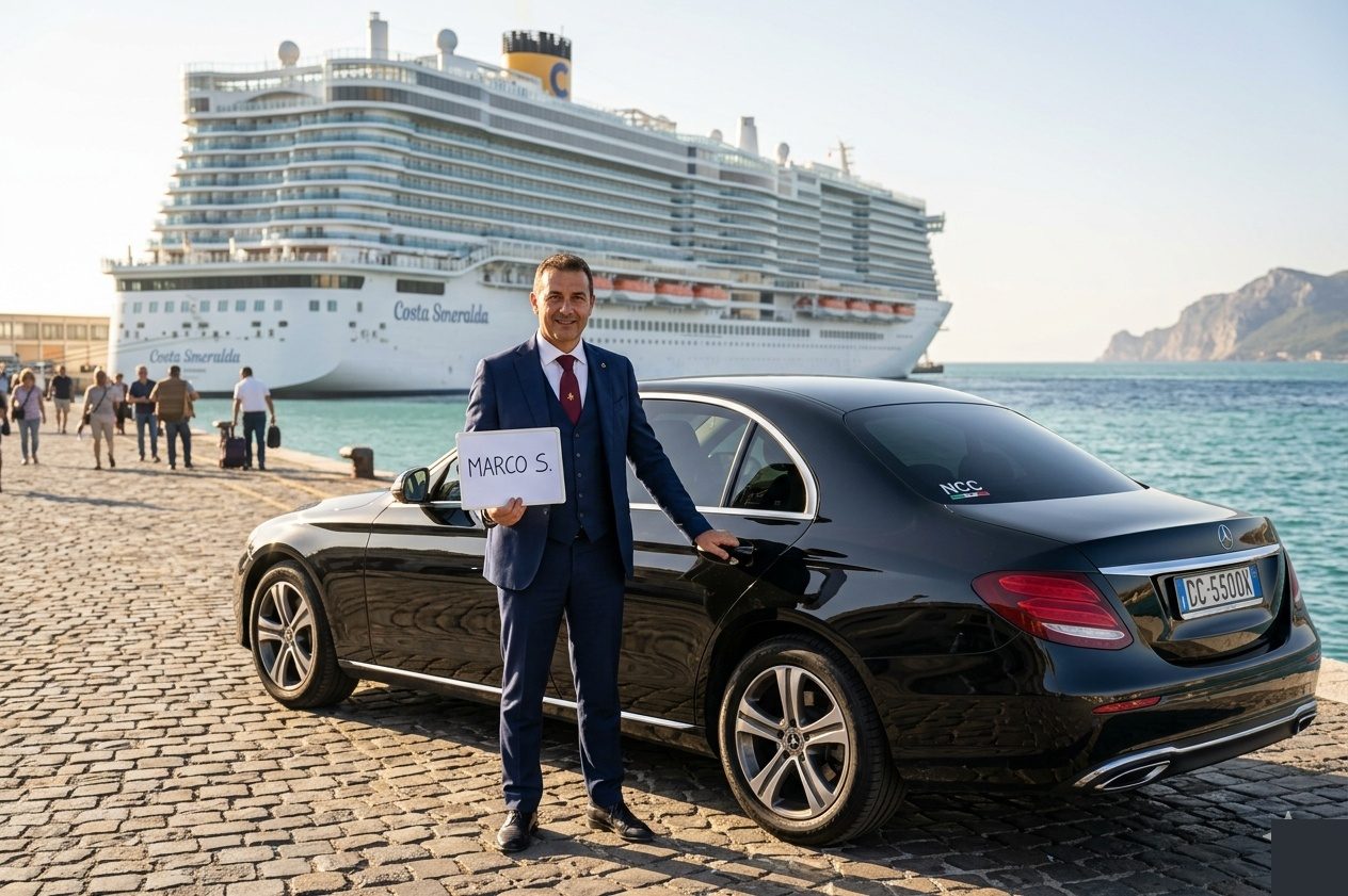 CivitaDriver NCC chauffeur with Mercedes at Civitavecchia cruise port holding name sign