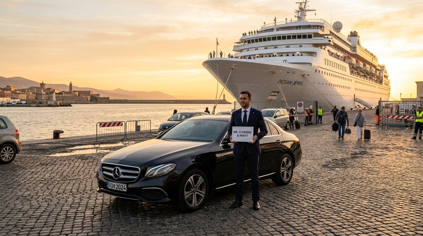 CivitaDriver private chauffeur in navy suit with Mercedes at Civitavecchia cruise port, cruise ship in background
