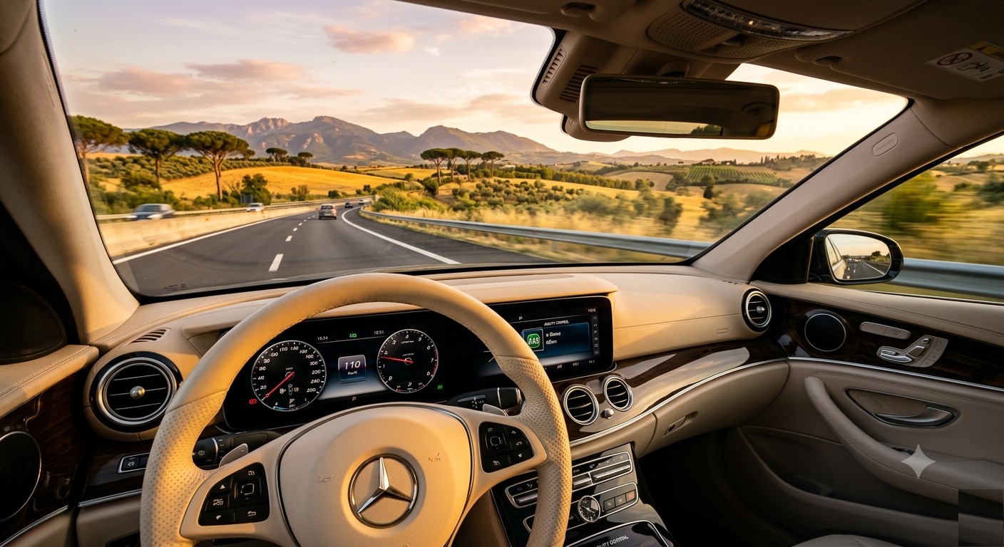 Interior view of a Mercedes driving on the A12 motorway towards Rome