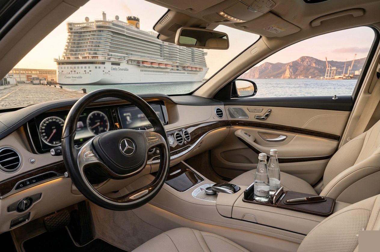 Mercedes S-Class interior with cruise ship visible through window at Civitavecchia port