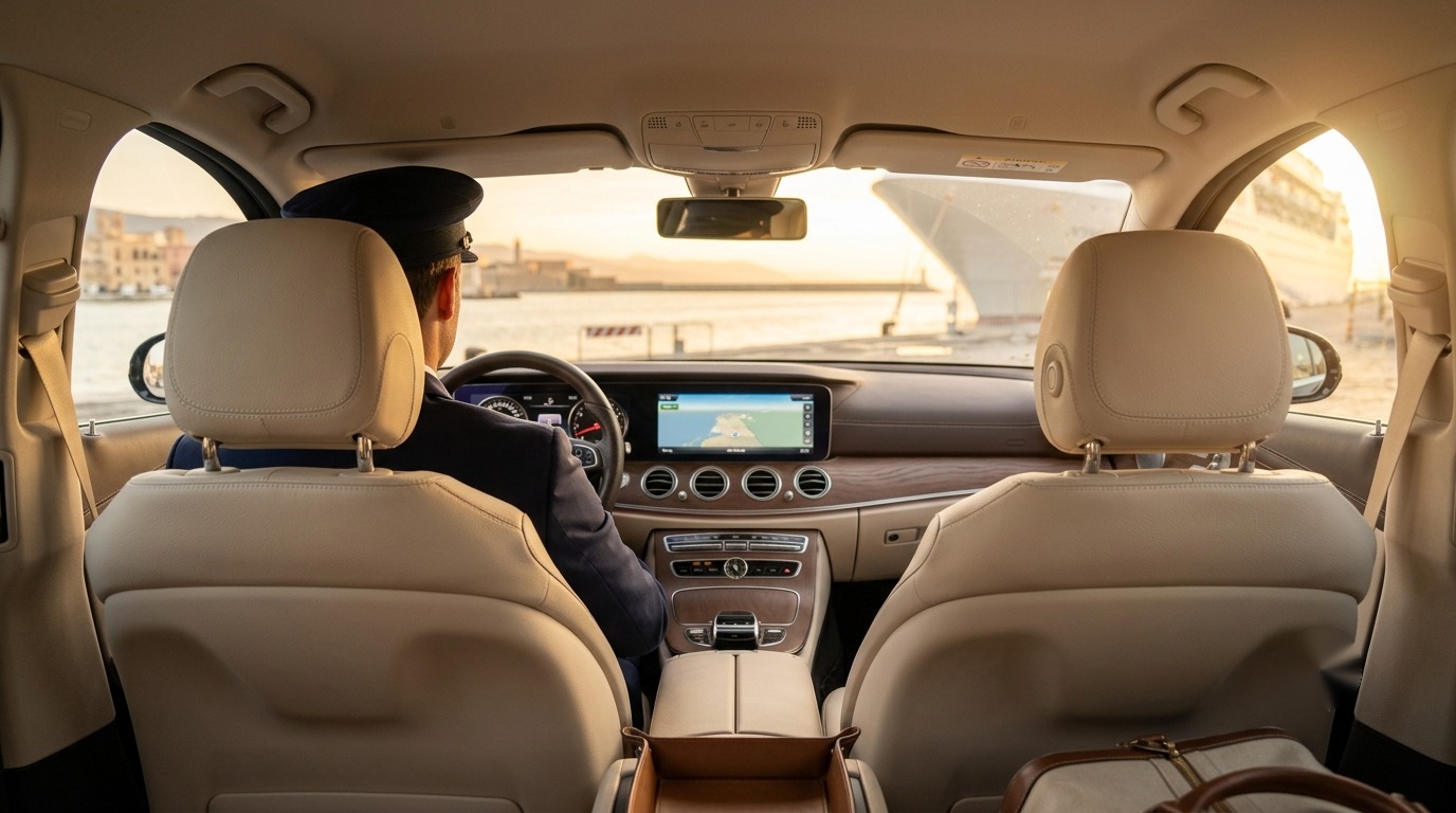 CivitaDriver Mercedes interior with view of Civitavecchia port through the windshield