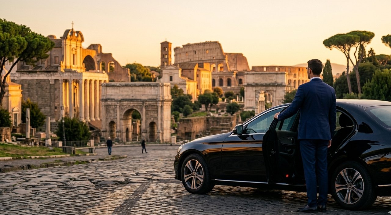 CivitaDriver Mercedes with chauffeur at the Roman Forum at sunset with Colosseum in background