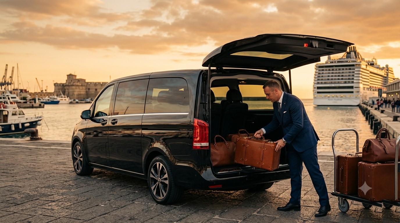CivitaDriver chauffeur loading luxury luggage into a Mercedes V-Class at Civitavecchia port