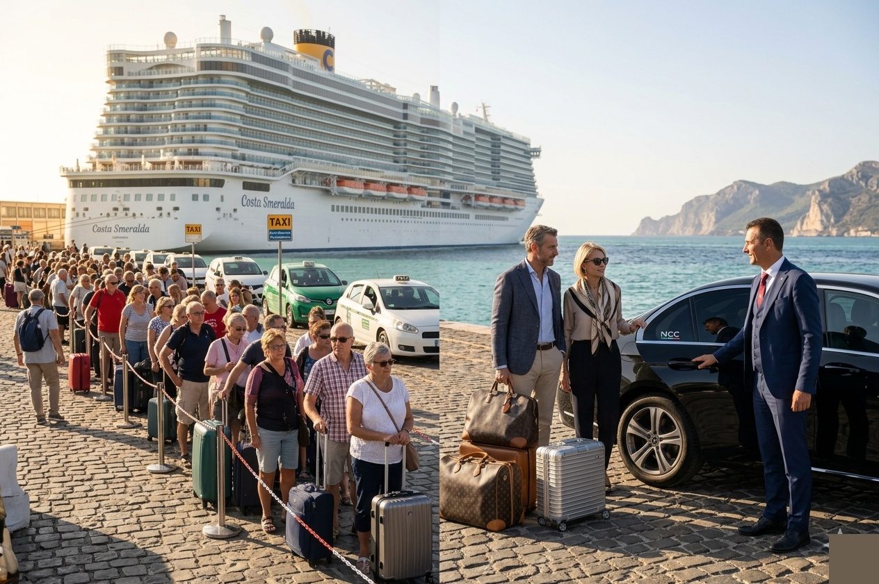 NCC vs taxi at Civitavecchia port: long taxi queue on left, NCC chauffeur welcoming couple to Mercedes on right