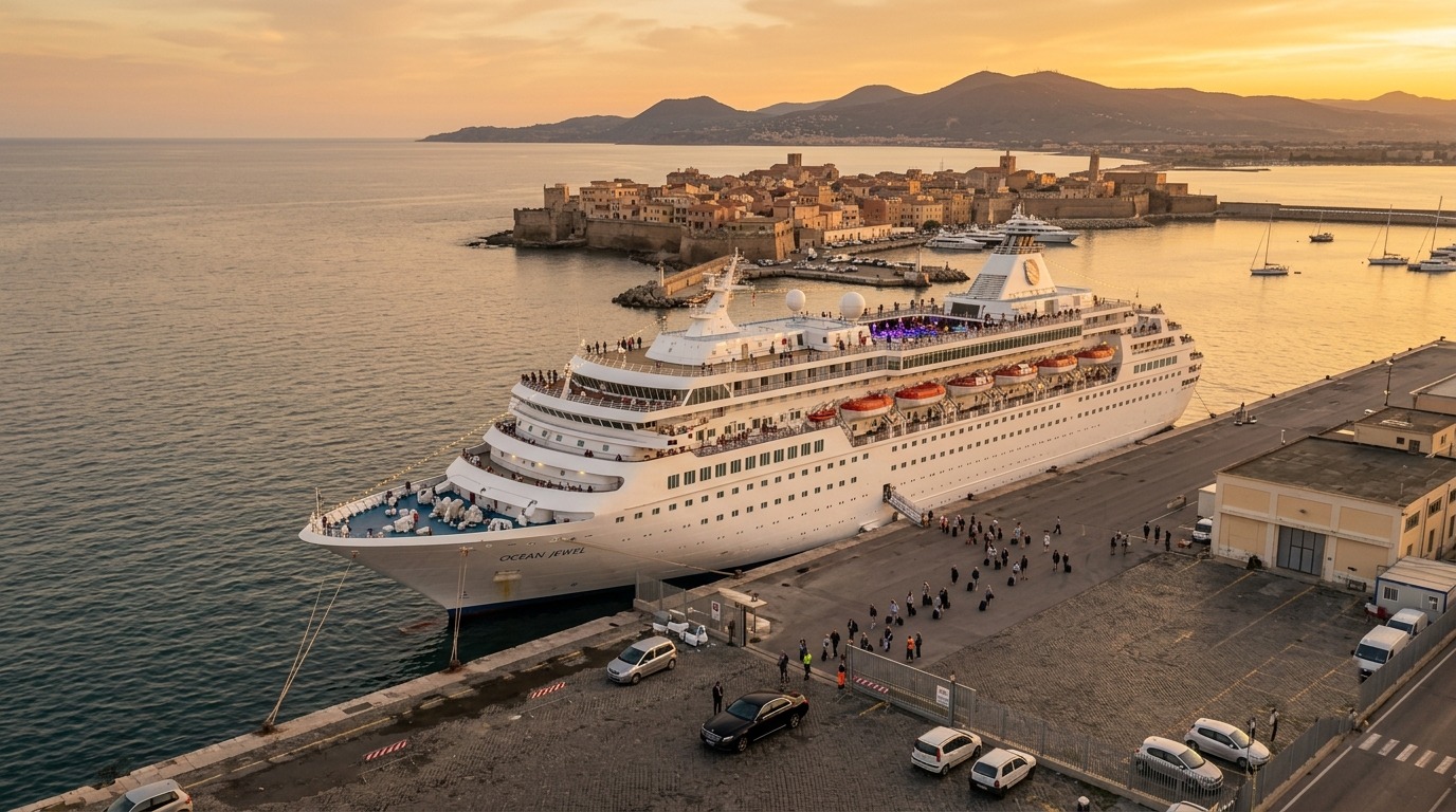 Aerial view of Civitavecchia cruise port with cruise ship at berth and black Mercedes in foreground