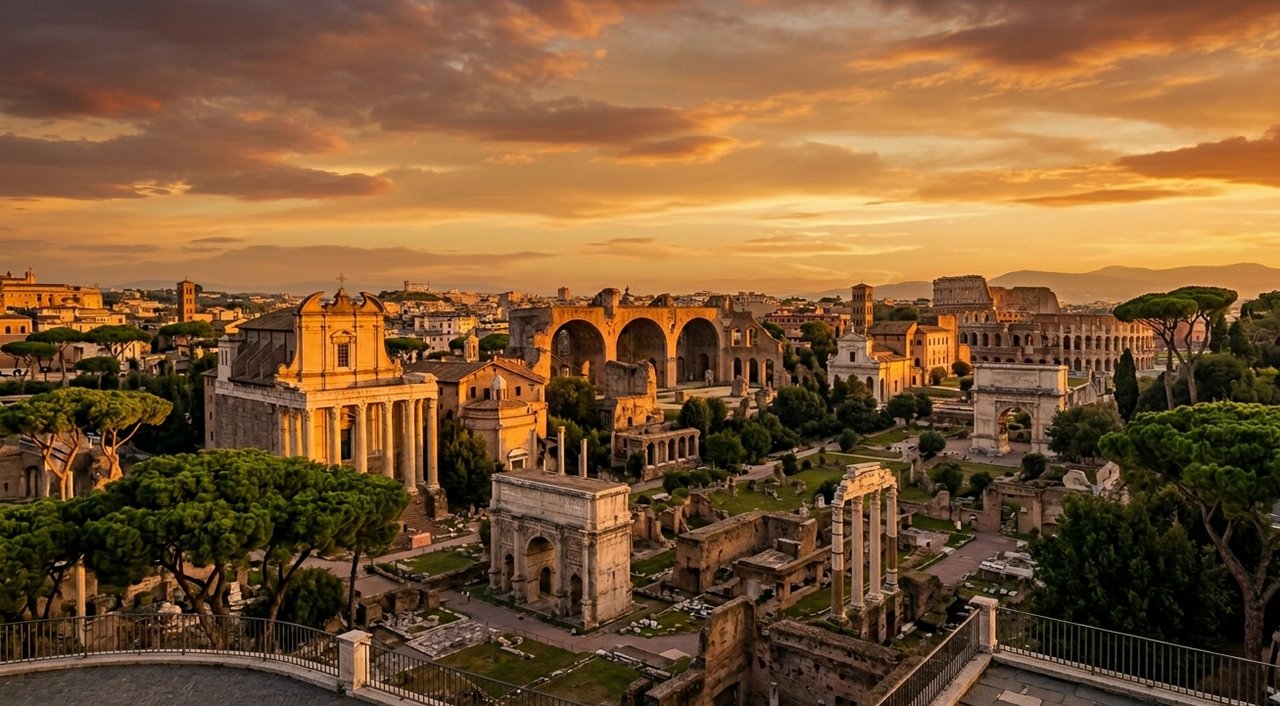 Villa Borghese gallery Rome — Baroque facade with Italian gardens at sunset