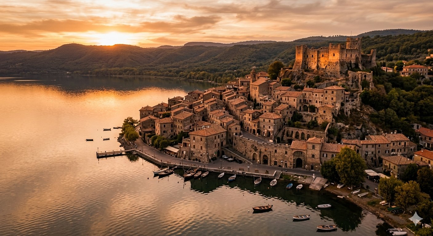 Aerial view of Trevignano Romano medieval village and castle on Lake Bracciano at golden hour