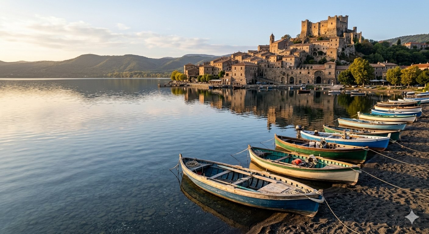 Fishing boats on the dark volcanic sand beach of Lake Bracciano at Trevignano Romano