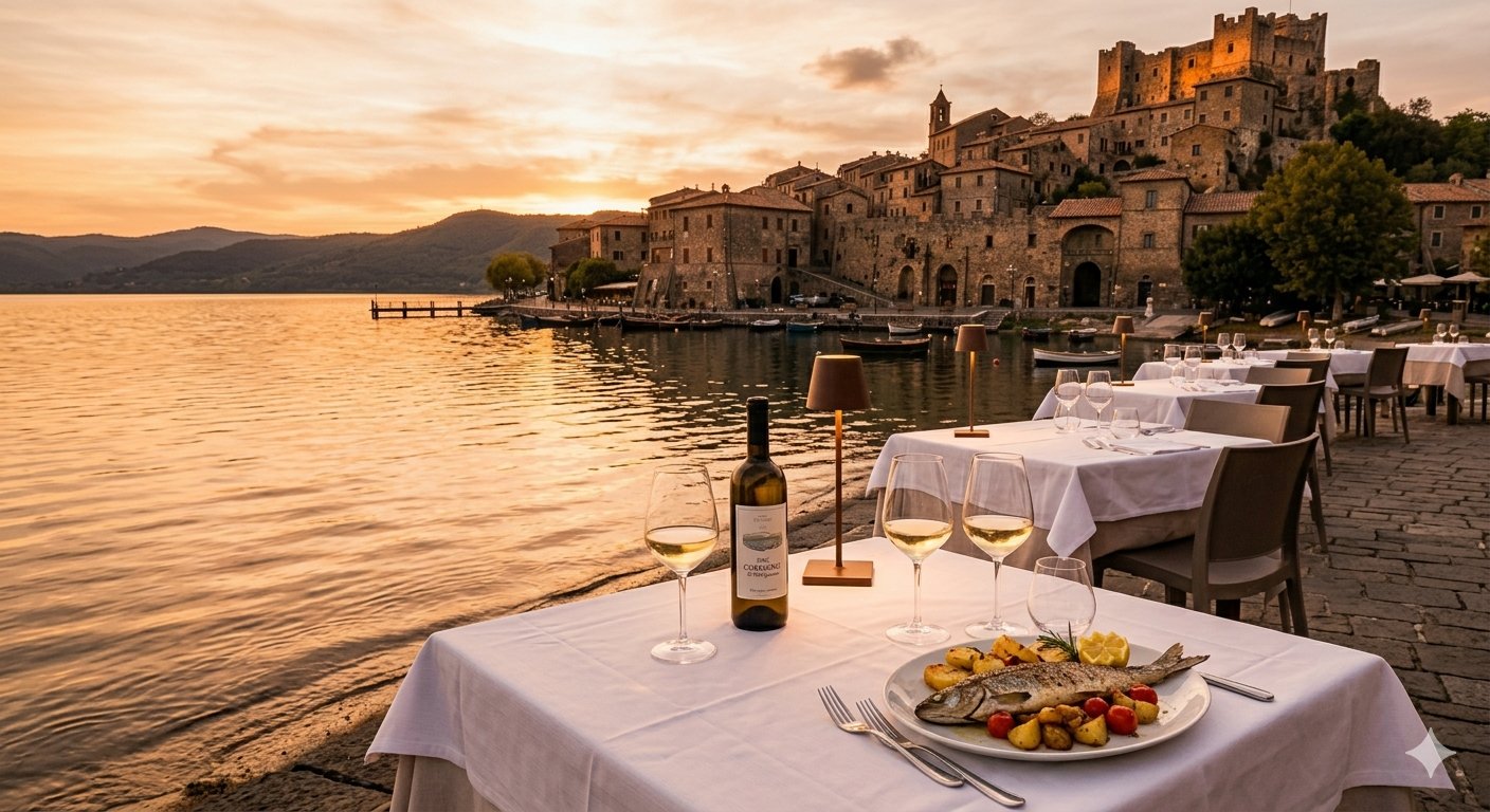 Lakeside restaurant terrace at Trevignano Romano with lake fish, white wine and medieval village in background