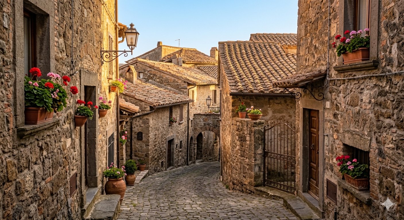Medieval stone alley in Trevignano Romano with geraniums, terracotta rooftops and stone arch