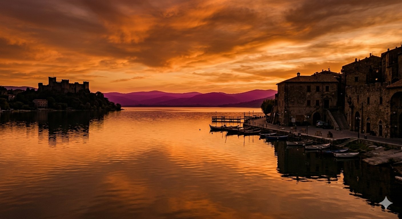 Trevignano Romano at sunset on Lake Bracciano with fishing boats and castle ruins reflected in the water